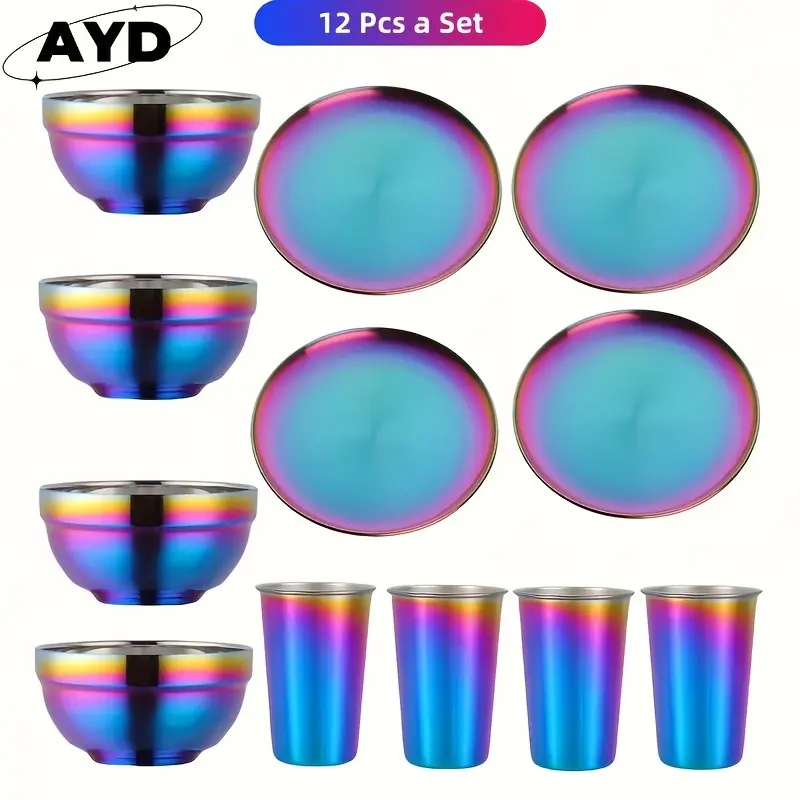 36/12pcs Rainbow Stainless Steel Camping Tableware Kit - 6 Sets Plates Bowls Cups with Forks Spoons Knives | Lightweight Dishware for Outdoor Family Picnic Backpacking Durable And Easy Clean