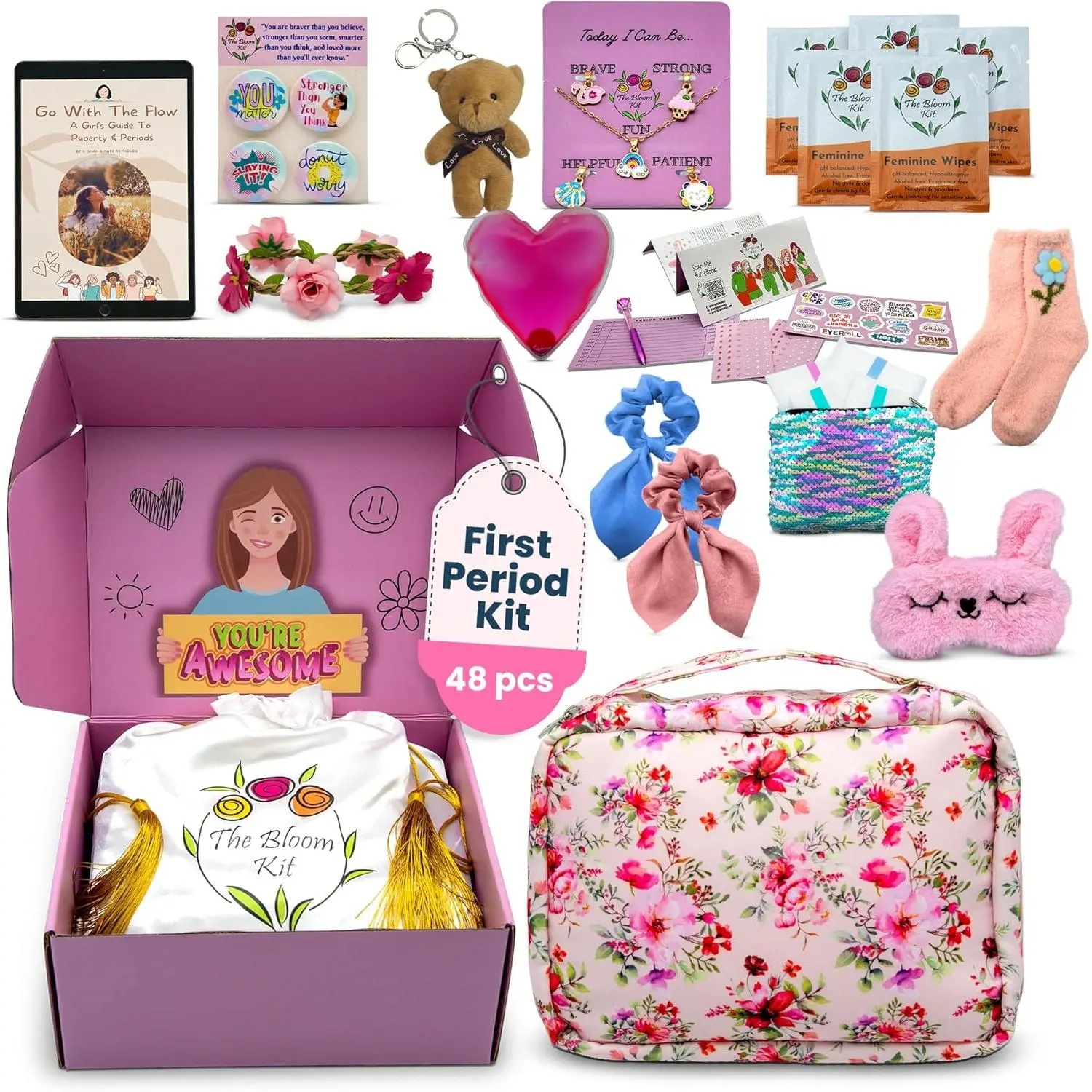 First Period Kit for Girls 9-12 |   Puberty Kit for Tween Girls |   Period Starter Kit with Pads, Wipes, Heating Pad, E-Book & More |   First Period Gift Set for Daughter |   48 Pcs