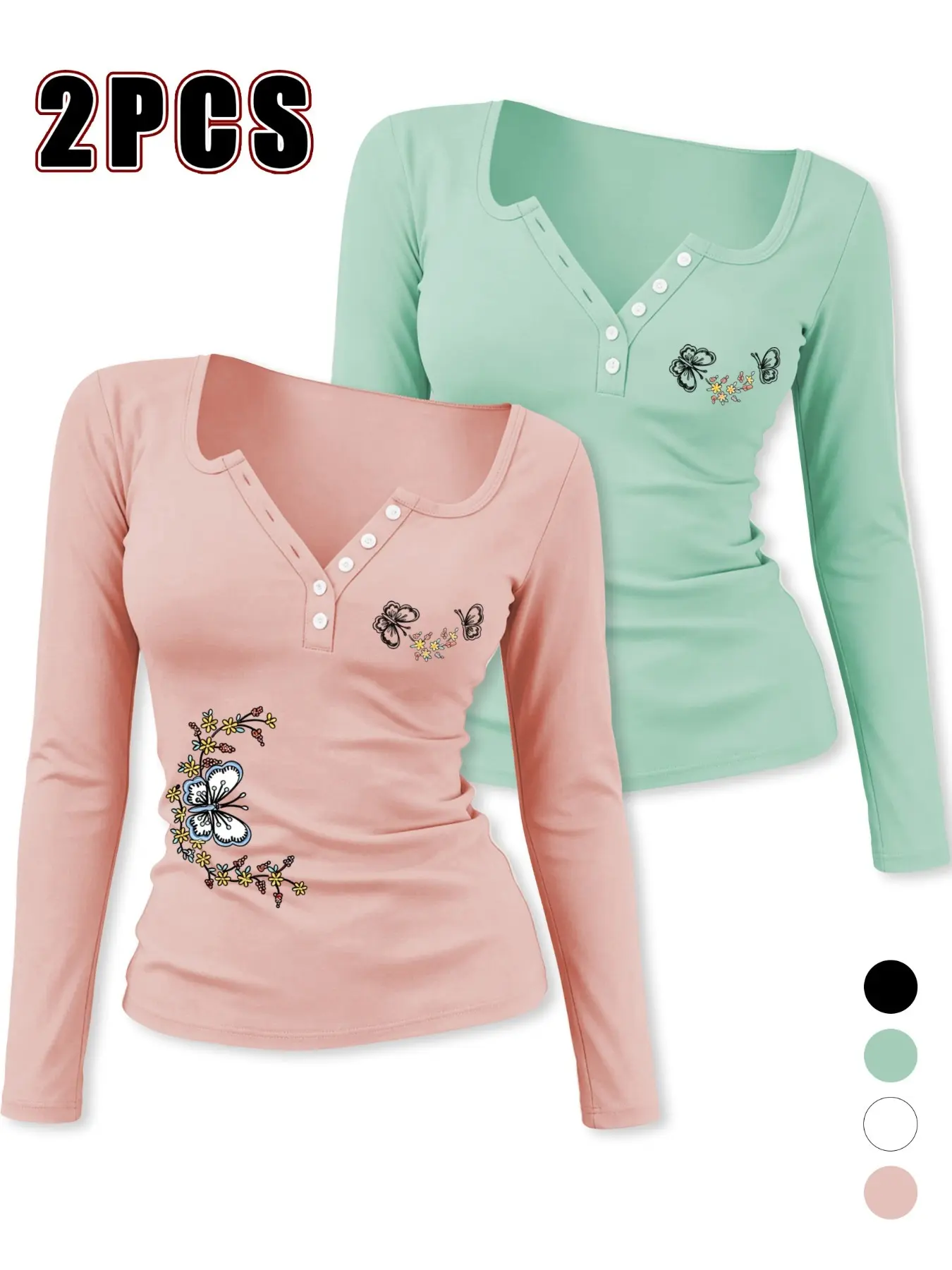 Women's Henry Collar Half Button Long Sleeve Top Set, Floral Butterfly Embroidery, Fitted Graphic Print, Spring & Fall Fashion