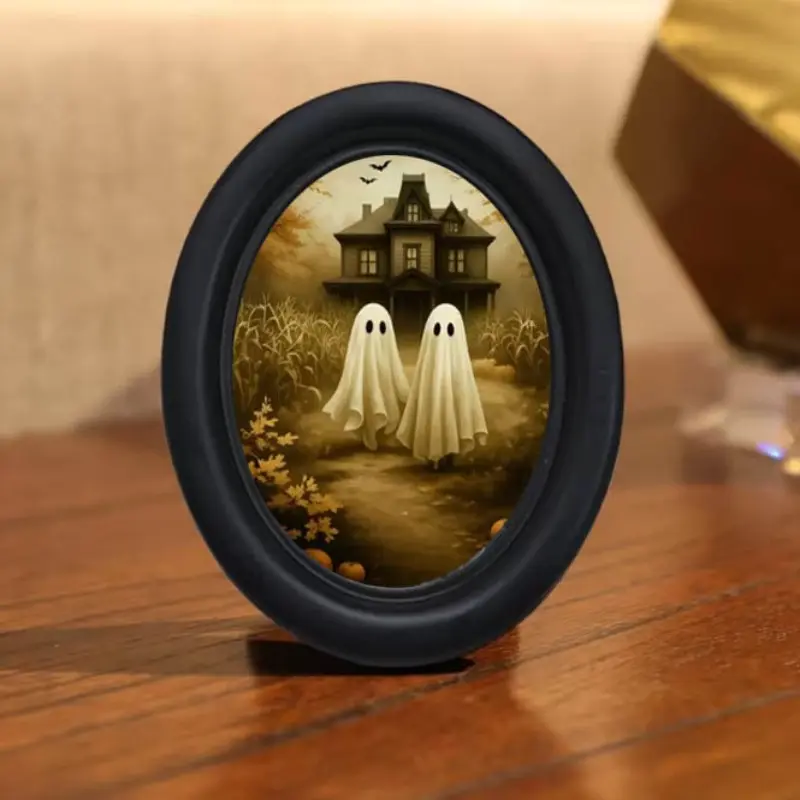 Vintage Halloween Haunted House Spooky Ghost Art Print, Rural Pathway with Ghosts, Pumpkins, Bats, Low Saturation Vintage Tone, Oval Frame Holiday Decor