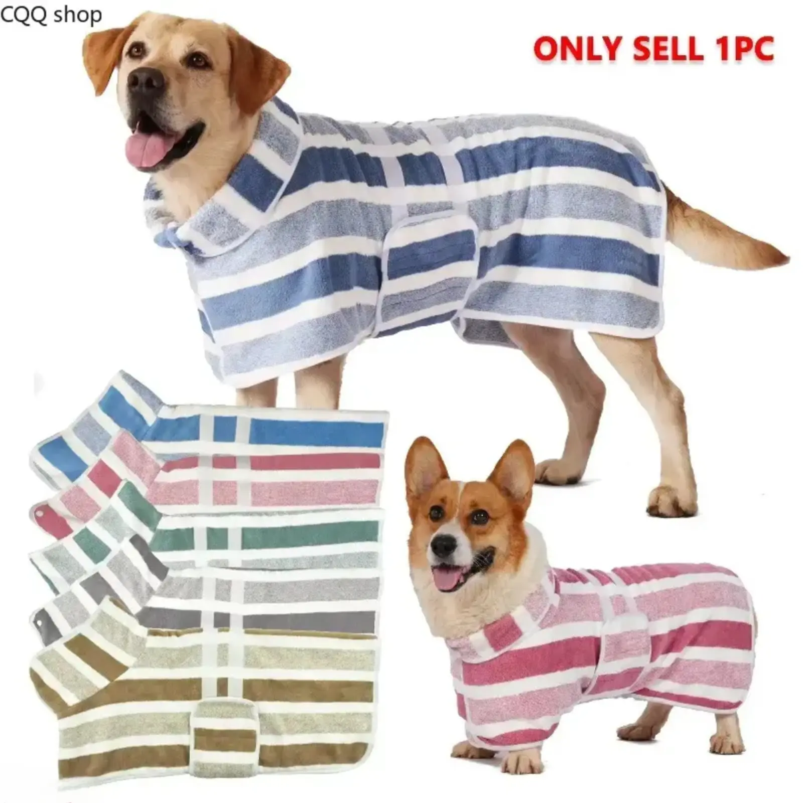 [SummerWins]Quick-Dry Dog Bathrobe, Striped Pet Robe, Super Absorbent, Adjustable Waistband, Ultra-Soft Fabric, Morning Wear, 1pc