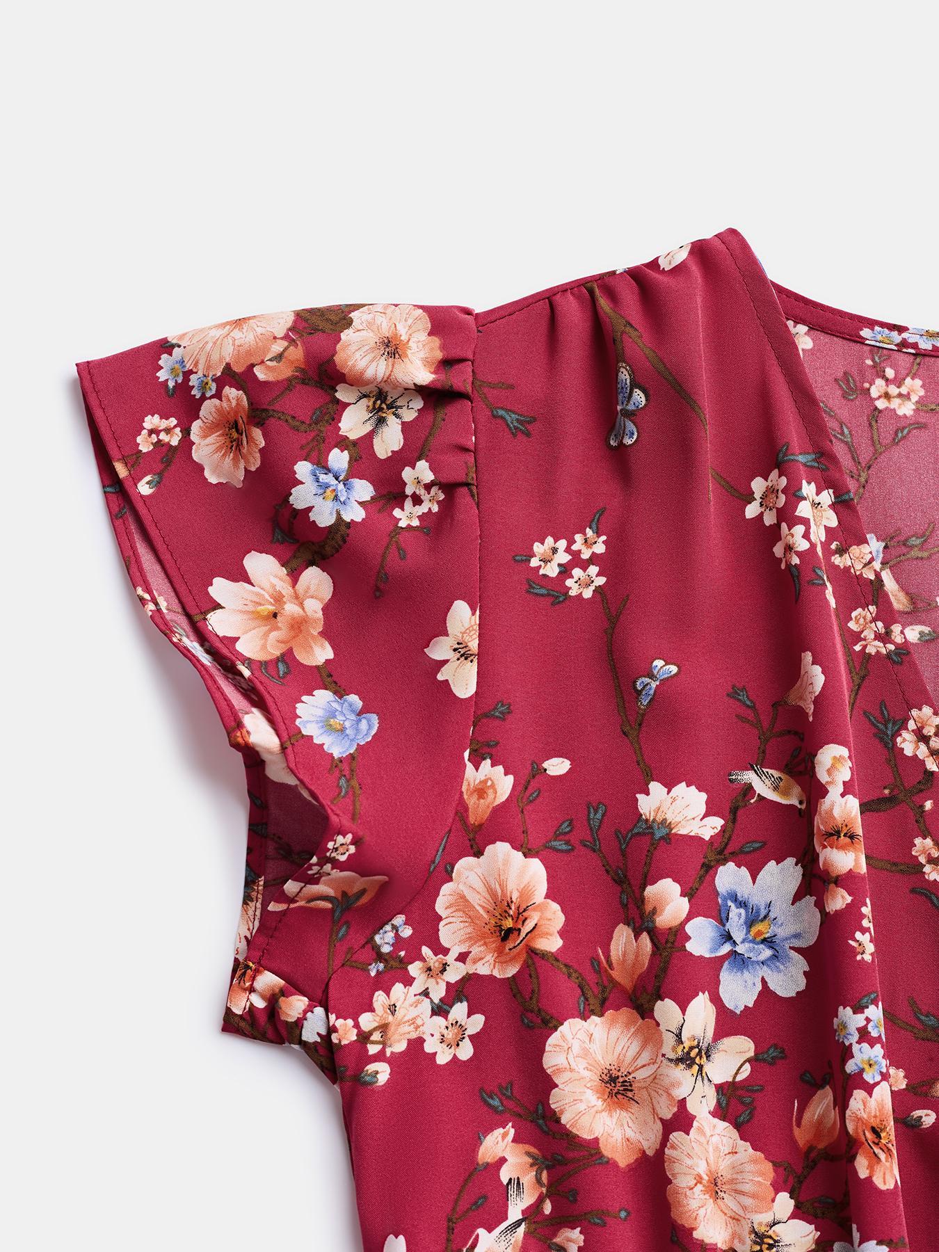YOZY Floral Print Butterfly Sleeve Dress, Boho Fashion Wrap V Neck Cap Sleeve Belted Tiered Ruffle Long A Line Dress, 2024 Women's Beach Holiday Vacation Wear for Spring & Summer