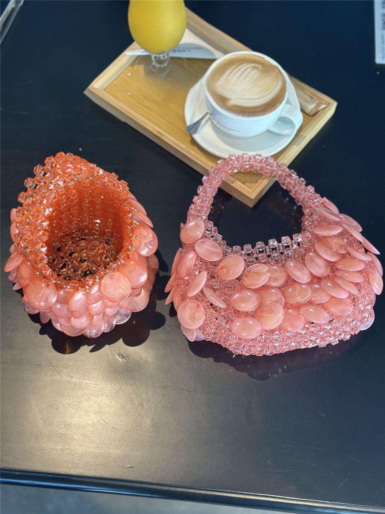 Vintage Barbie Pink Handmade Beaded Pearl Natural Large Shell Bucket Bag Crescent Bag Handbag for Women 2026