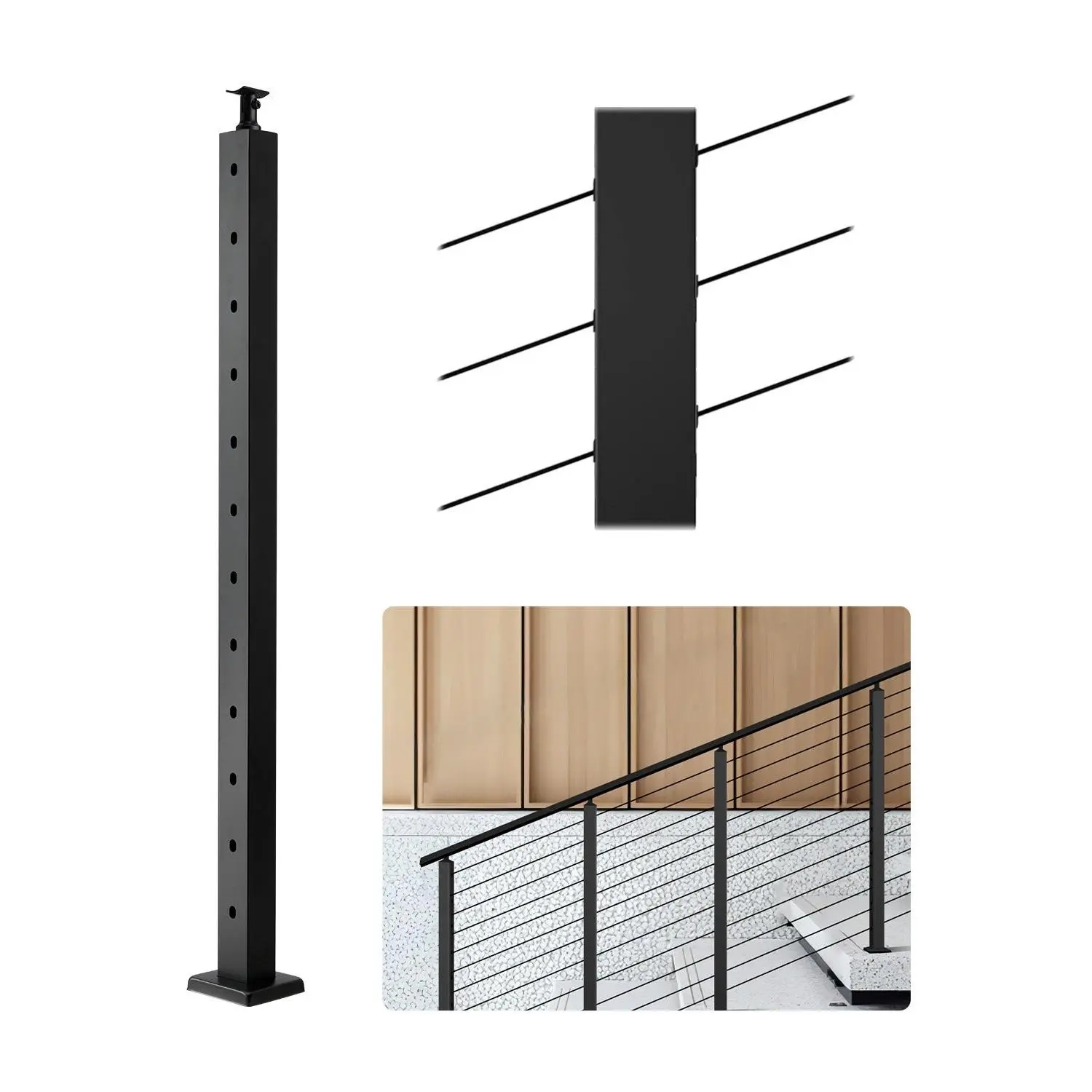VEVOR Black Stainless Steel Cable Railing Post with Horizontal & Curved Brackets, 42x1x2 in, 30° Pre-Drilled Angled Holes, 1-Pack, 1JZLGZXHS106VRA3X001V0, Post + Brackets
