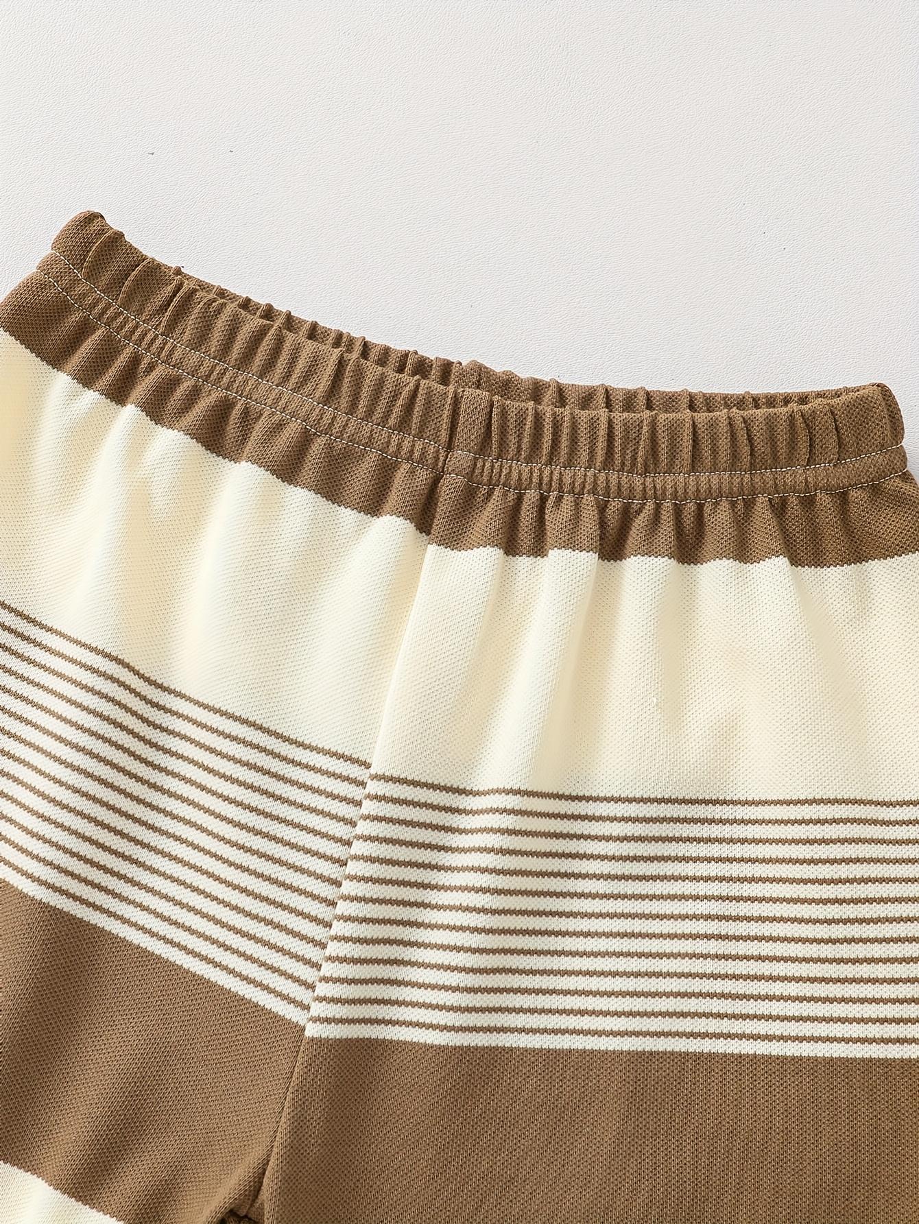 2pcs Summer Casual Baby Outfit - Brown & White Striped Shorts Set with Cute Bear Patch, Comfortable Stretch Fabric for Outdoor Play and Daily Wear, Everyday Baby Clothes |     Playful Bear Design |     Comfortable Fit, Baby Clothes