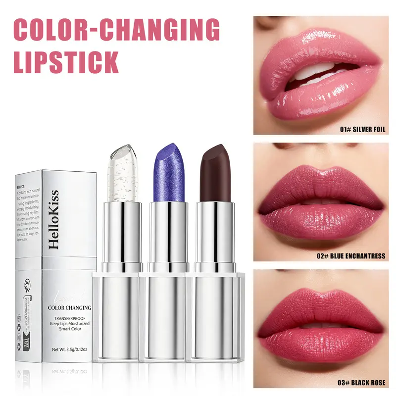 Hellokiss Blue Color Changing Lipstick Silver Foil Temperature pH Reactive Lip Balm Moisturizing Custom Shade Glassy Finish Waterproof Long Lasting for Women