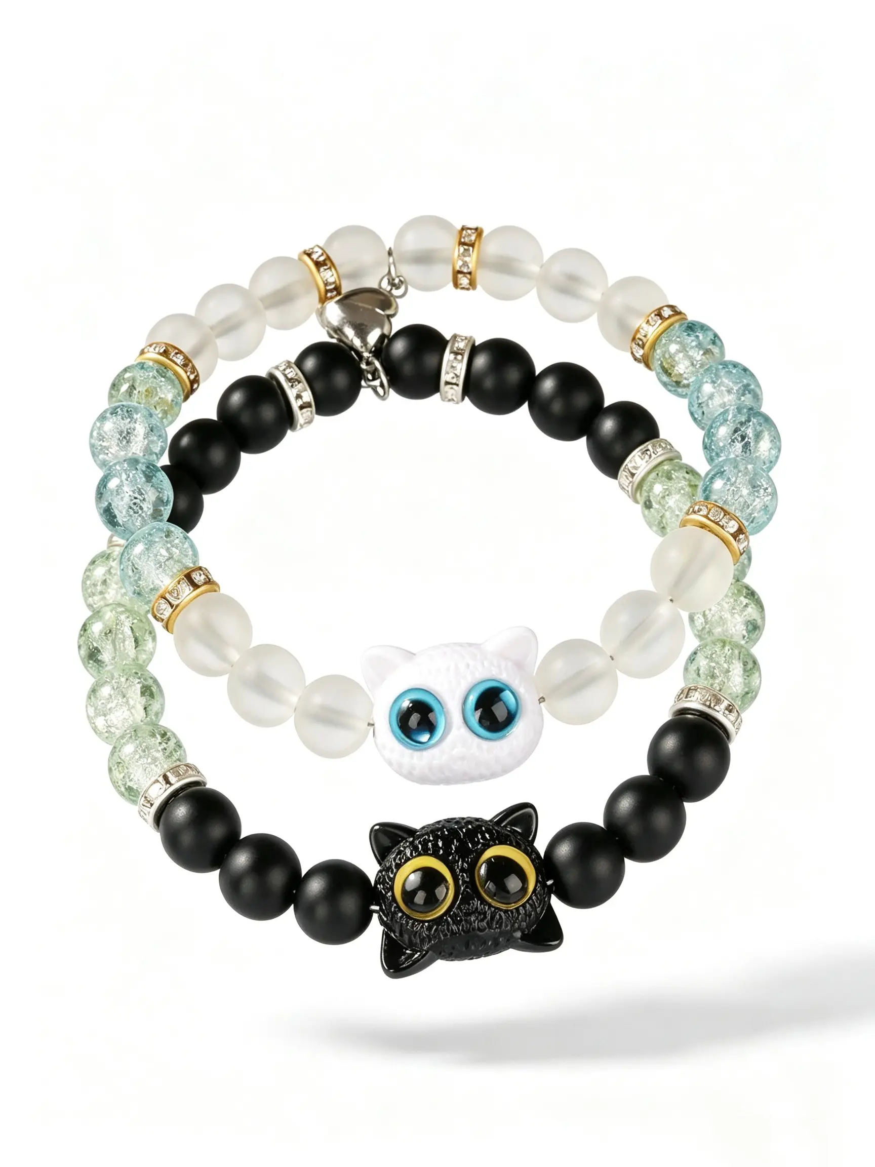 Two-Piece Glass Magnet Bracelets, Cute Cat Heart Friendship Beads, Magnetic Couple Jewelry, Unique Gift Set, All-Season Accessory