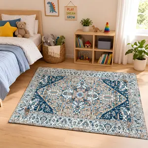 Blue Beige Persian Flannel Traditional European Area Rug #PersianStyleRug #BlueBeigeFloorMat #OrnateVintageCarpet #FlannelHomeDecor