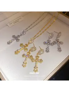 18K Gold Plated Zircon Cross Pendant Necklace and Earrings Set Fashion Delicate Jewelry Light Luxury High-End Statement Accessories