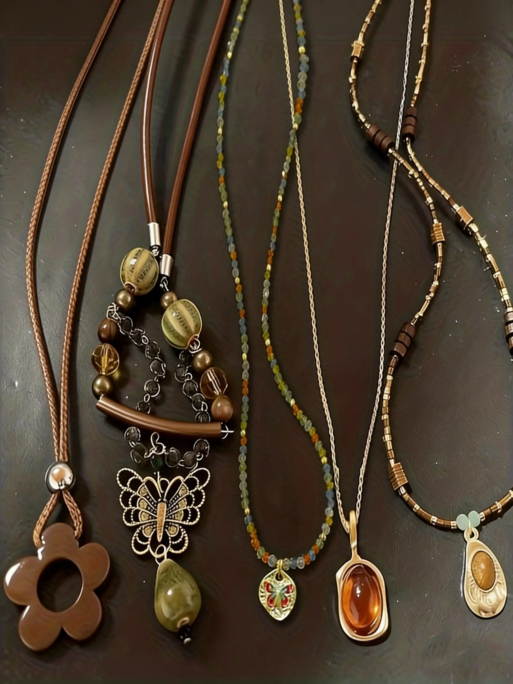 Boho Style Vintage Handmade Beaded Pendant Necklace Set, Geometric Long Leather Cord Layered Mixed Necklaces for Women