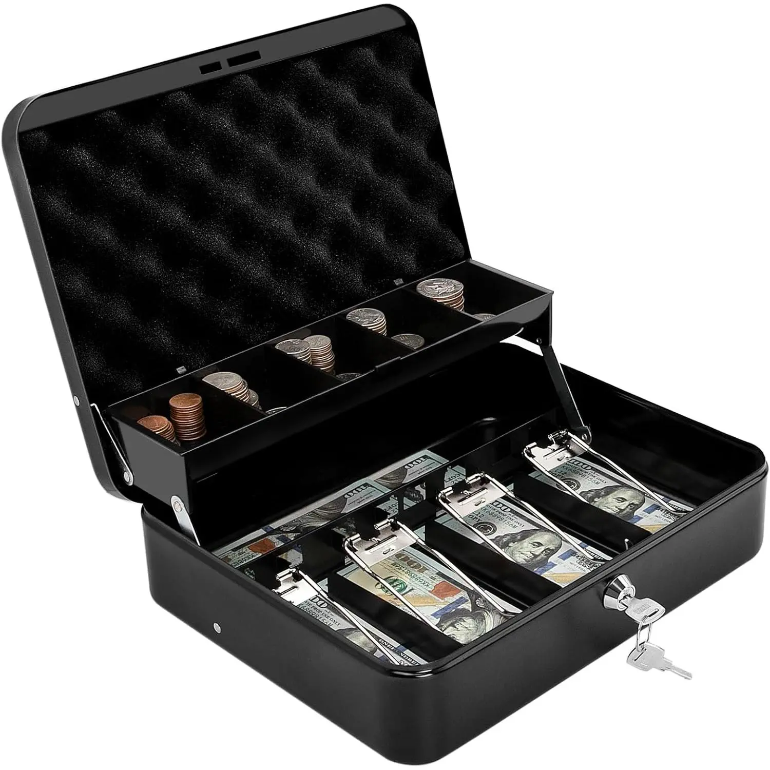 Box with Key Lock &  Auto-Pop  Tray – Secure Steel  Box with 4 Upgraded Finger-Safe Bill Clips,  Smooth Scratch-Resistant Coating, 11.8"L x 9.5"W x 3.5"H, KL Black