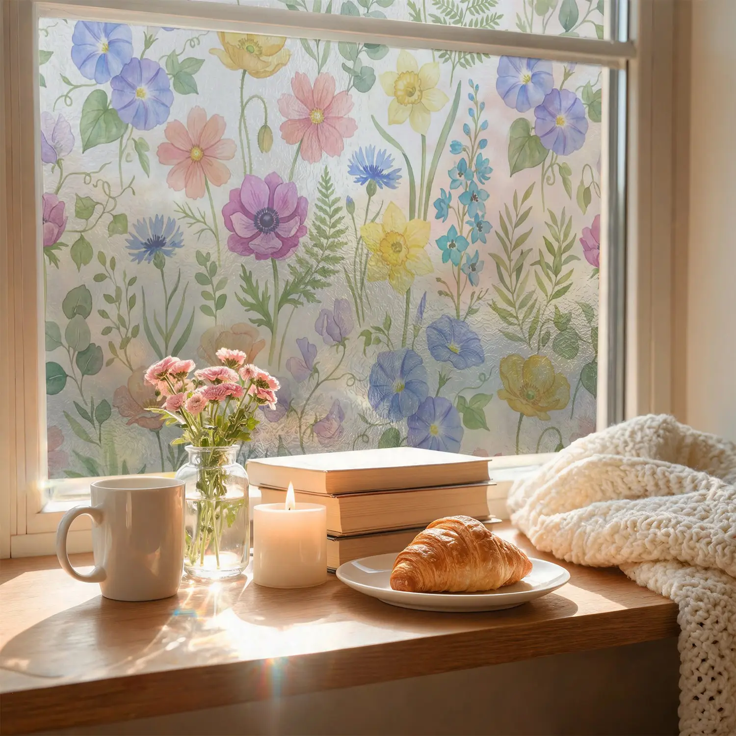 Water Ripple Watercolor Floral Privacy Window Film, Static Cling PVC Glass Sticker, Transparent Not See Through, Office Kitchen Bathroom Decor