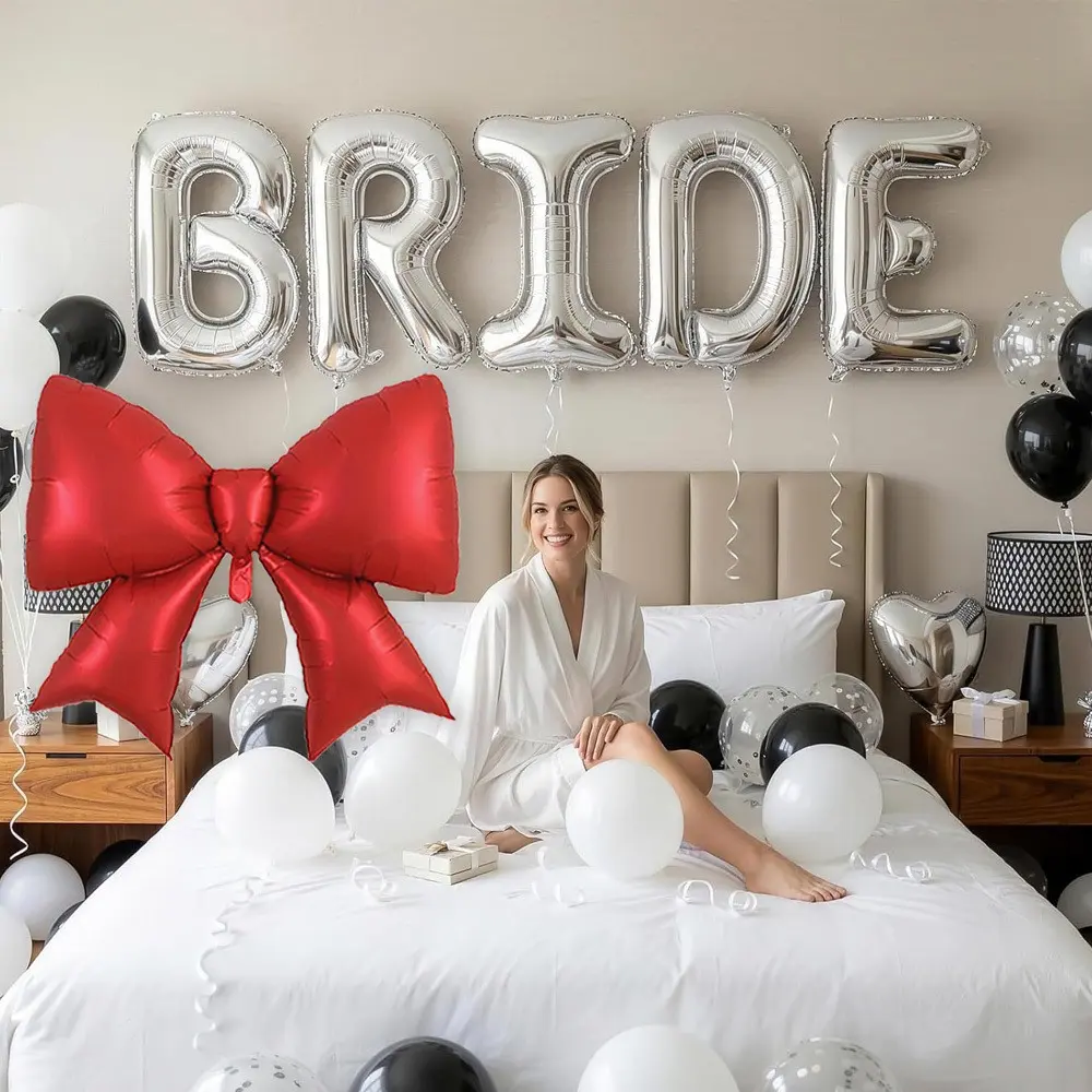 7-Piece Bridal Balloon Set (5 letter balloons + 1 bow balloon + 1 balloon with adhesive dots) for bachelorette parties; suitable for bridal gift parties; silver-gray polyester foil letter banners; large red bow balloon; bridal balloon banner; for weddings