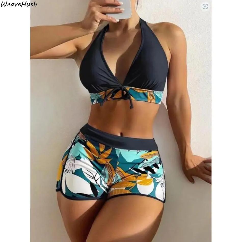 Women’s Tropical Print Tie Front Tankini Set – Two-Piece Halter Swim Top & Shorts for Summer Beach & Vacation Drawstring Bathing Suits