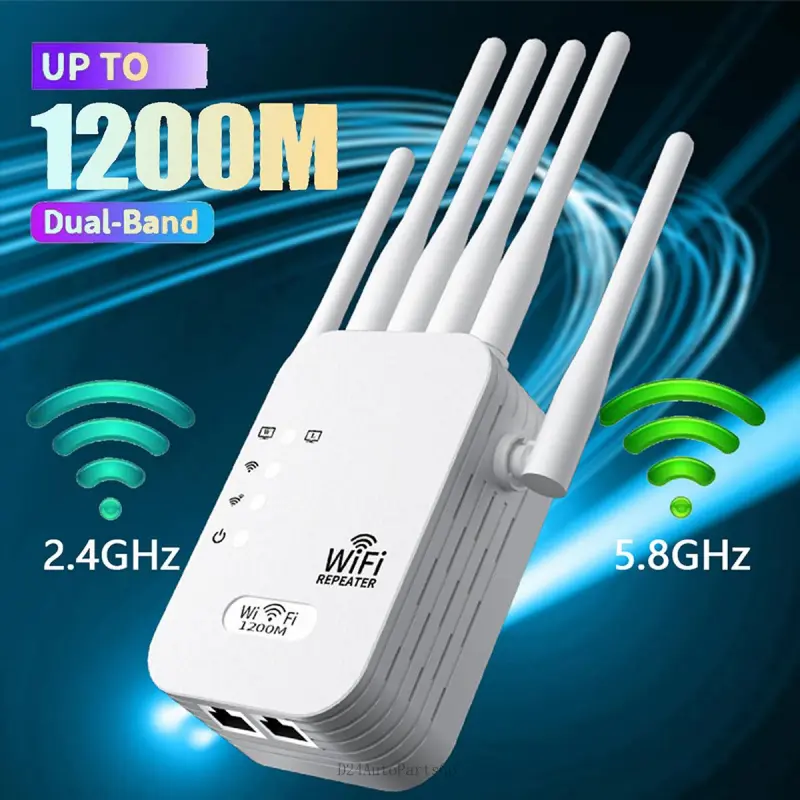 2025 External 6-Antenna Repeater with WiFi Boosting, 1200Mbps Dual Band, Covers 12,000 sq.ft, Plug Type: US Type, 100-Device Support, Ethernet Port for Home/Office Use