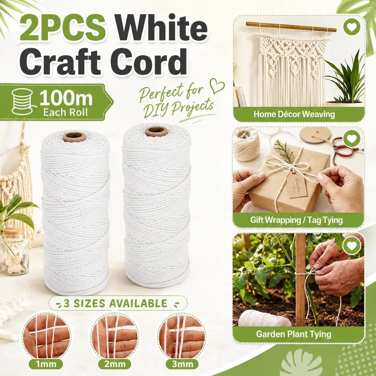2pcs 100 Meter Macrame Cord, White Twisted Craft String, Polyester Thread in 1mm 2mm 3mm Sizes for DIY Wall Hanging, Tapestry, Plant Hangers, Weaving, Knotting, Crochet, Dream Catchers, Gift Wrapping, Home Decor, Handmade Crafts