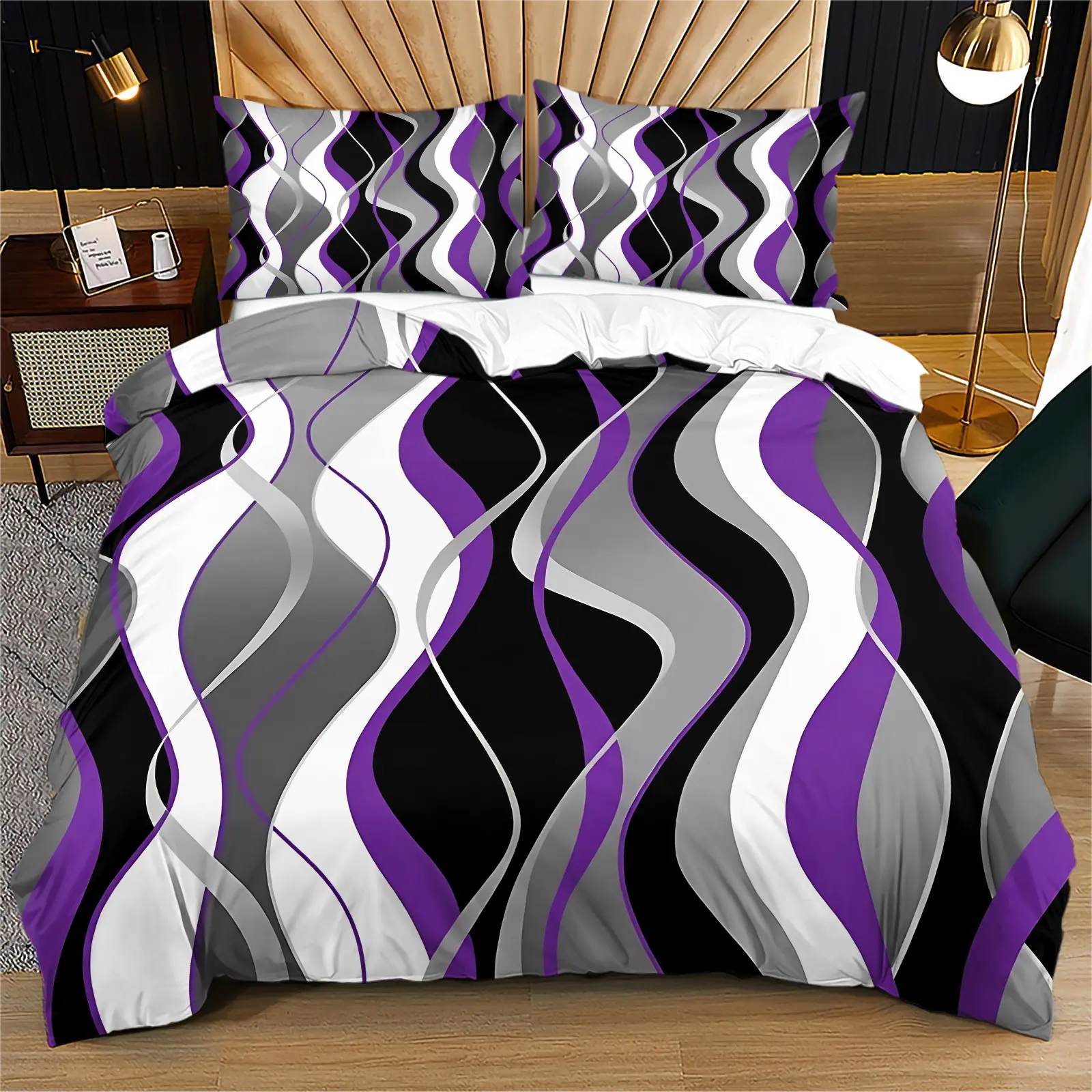 2/3Pcs Contrast‑Color Curve Duvet Cover Set‑Skin‑friendly Soft, Pilling‑proof, Anti‑static, For Dormitory & Rental‑House Decor, Birthday Present, Assorted Bold Black‑Base Wave Patterns (No Filler and Pillow Insert Included)