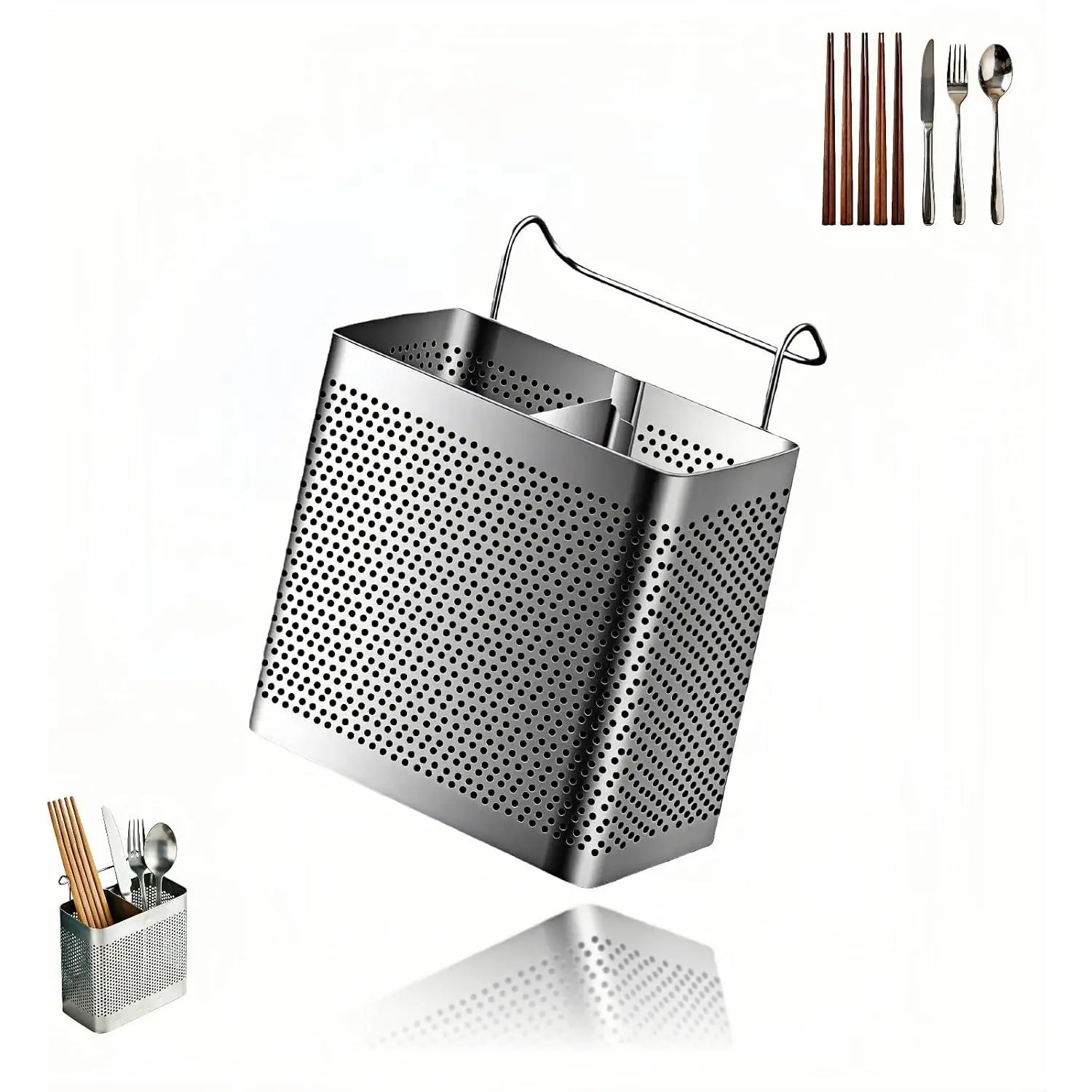 Stainless Steel Utensil Holder for Kitchen Counter, 2 Compartment Cutlery Organizer with Hooks, Dishwasher Safe Flatware Drying  for Sink & Dish Rack (Brushed Finish)