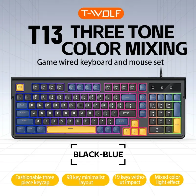 T-Wolf T13 Wired RGB Office Keyboard, RGB Lighting Keyboard, Rgb Keyboards, Light Up Keyboard, Lighted Keyboard, 98-Key Silent Gaming Keyboard, USB Connection, LED Display, for PC Laptops, Gamers, Office Use