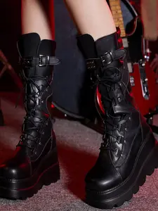 High Ankle Boots with Thick Sole, Metal Buckle Strap, Zipper Closure, Rivet Detail, Perfect for Edm and Burning Man Festival