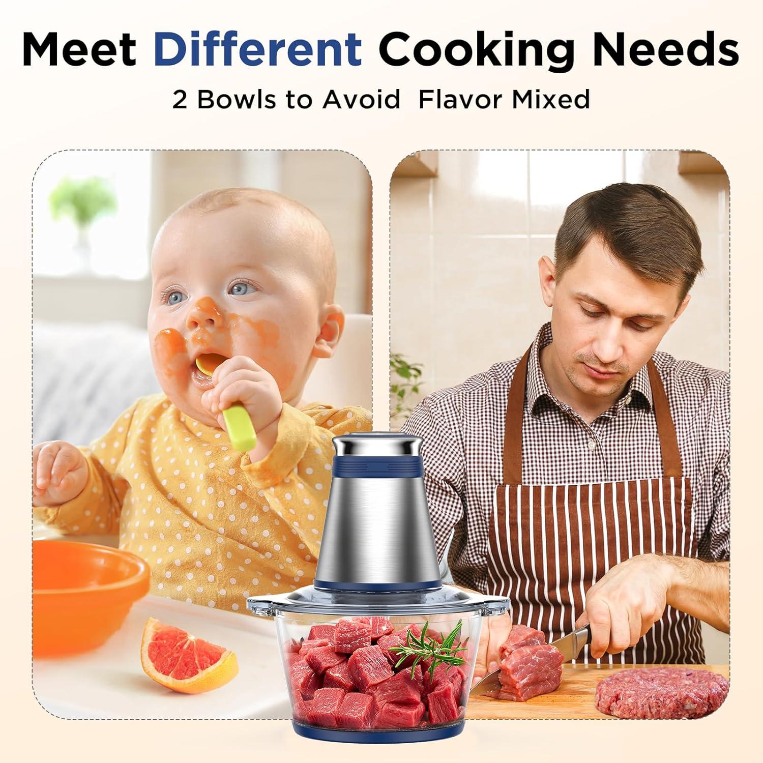 Processor, 500W Electric with 2 Bowls (8 Cup+8 Cup) & 2 Bi-Level &, Small Electric Meat Processor for Nuts, Meat, Onion, Garlic, , Blue Processor, 500W Electric with 2 Bowls (8 Cup+8 Cup) & 2 Bi-Level &, Small Electric Meat Processor for Nuts, Meat, Onion, Garlic, , Blue