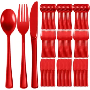 300 PCS Heavy Duty Disposable Plastic Silverware Utensil Sets 100 Each Forks Knives & Spoons For Easter Birthday Baby Shower Garden Party Wedding (300,Red)