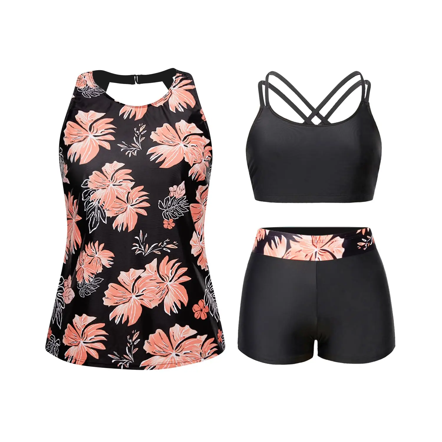 Tempt Me Women's Three-Piece Tankini Swimwear Set, Modest High Neck Tank Tops, High Rise Swimwear with Shorts, Floral Print Swimsuits