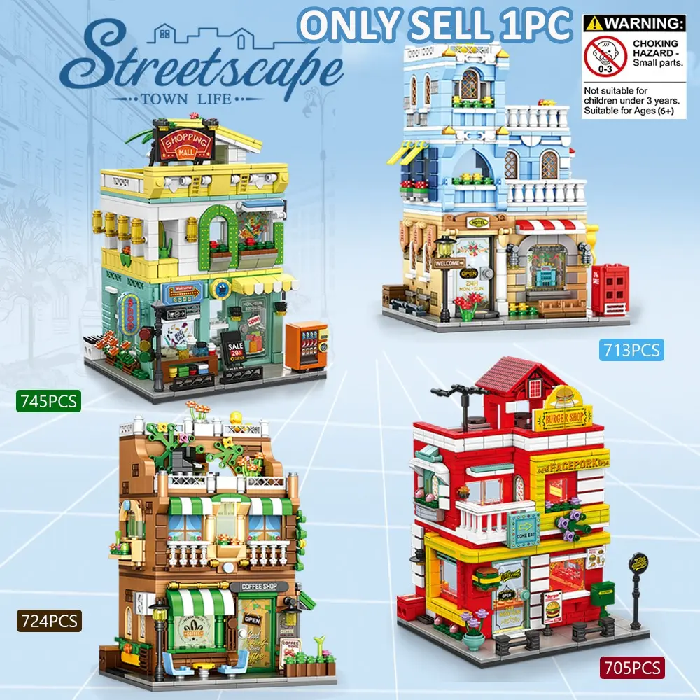 City Street Scene Building Set, Coffee Shop Burger Store Mall Hotel Miniature Model, Educational Puzzle Toy, Home Decor, Adult and Child Gift, Creative Building Blocks