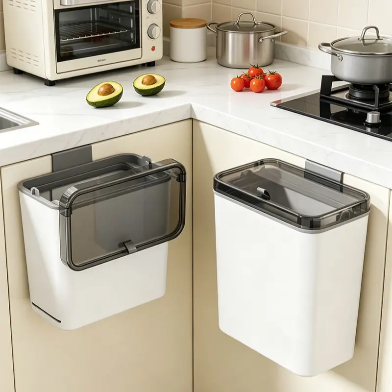 7L/9L Creative High-Profile Hanging Trash Bin, No Bending Kitchen Door Large Capacity Multi-Function Covered Garbage Can