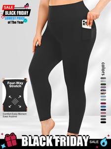 plus size solid high waist leggings with pocket design, summer outfits 2024, casual high stretch skinny pants for women, soft comfortable women's bottoms for all seasons