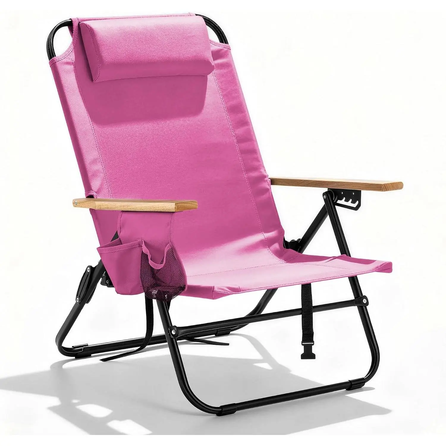 Premium Portable 5-Position Recliner Outdoor Chair - Foldable Single Seat, Alloy Steel Heavy-Duty 350lbs Capacity, Wooden Armrests, Headrest, Multi-Pockets, Lightweight for Patio, Backyard