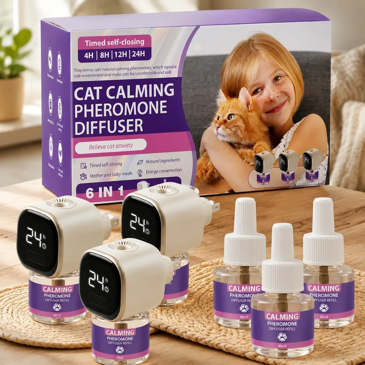 Cat Calming Diffuser Kit with Timer and Memory, Adjustable 4/8/12/24H Pheromone Diffuser 3-Pack (48ml Each) Helps Reduce Stress, Spraying, Fighting, Excessive Meowing & Scratching, Fits All Cats