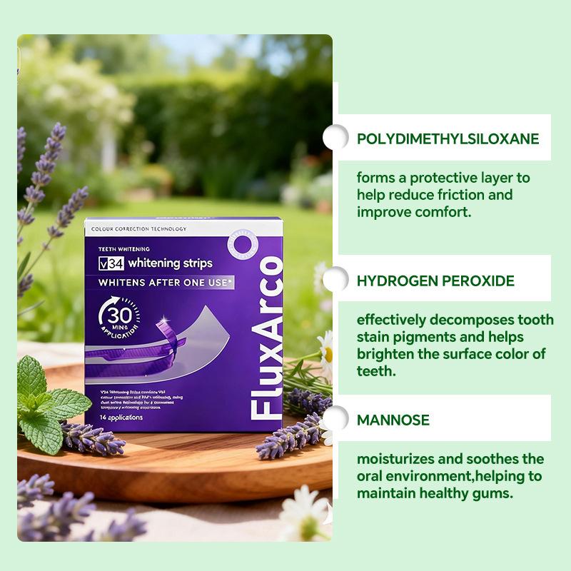 FluxArco Purple Teeth Whitening Strips  With Free Cheek Retractor - 7/14 Whitening Sessions -Nano-Hydroxyapatite Safe for Enamel - Non Sensitive Teeth Whitening - Peroxide-Free