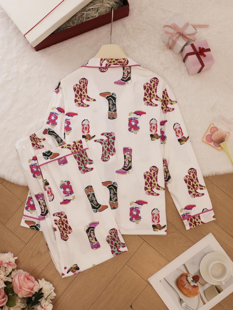 Women's Shoes Print Top & Pants Pyjama Set, Casual Comfy Long Sleeve Lapel Neck Top & Trousers Pyjama Set, Ladies Sleepwear for Spring & Fall, Casual Comfy Pajama