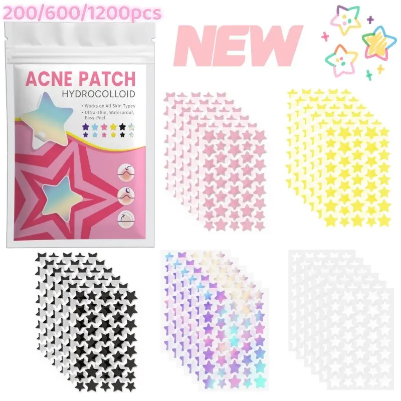 200/600/1200pcs Star-Shaped Invisible Pimple Patches, Thin Waterproof Hydrocolloid Acne Stickers, Facial Blemish Concealing Patches for All Skin Types, Acne Spot Stickers