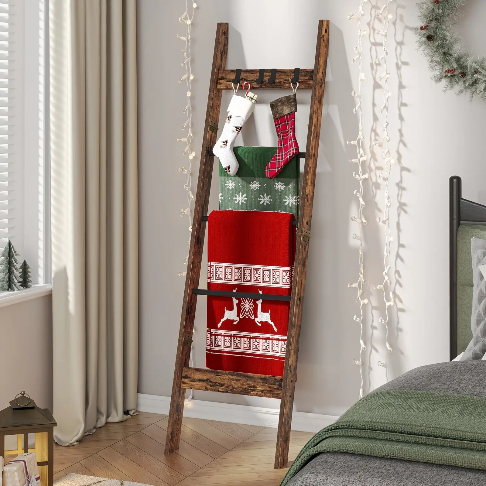 Blanket Ladder Shelf for Living Room, Decorative Quilt Rack with 4 Removable Hooks, 5-Tier Farmhouse Ladder Holder Organizer for Bedroom, Rustic Brown, Black, Greige And Black