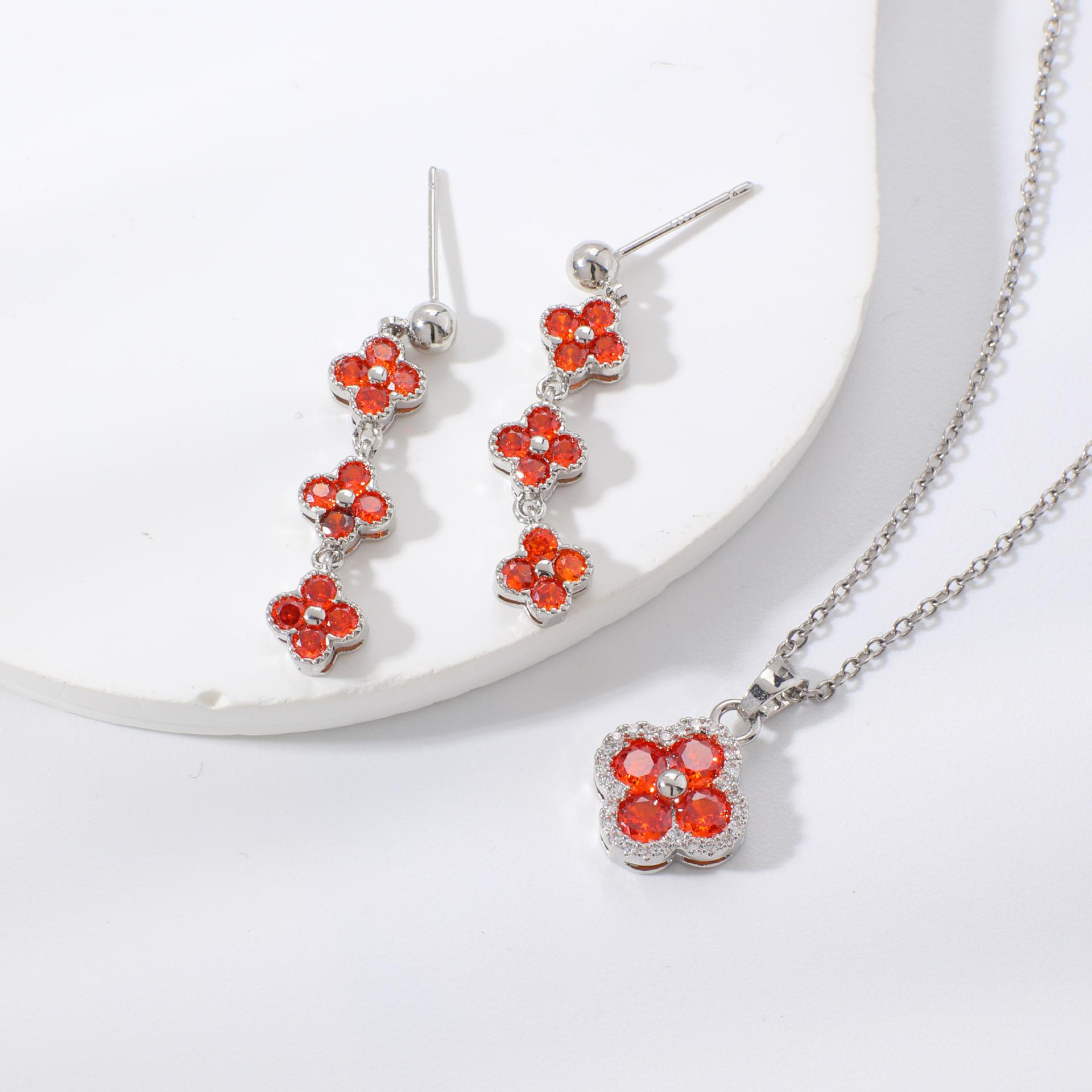 Colorful Lucky Clover Flower Elegant Fashion Copper Inlaid Zircon Earrings Necklace Jewelry Set