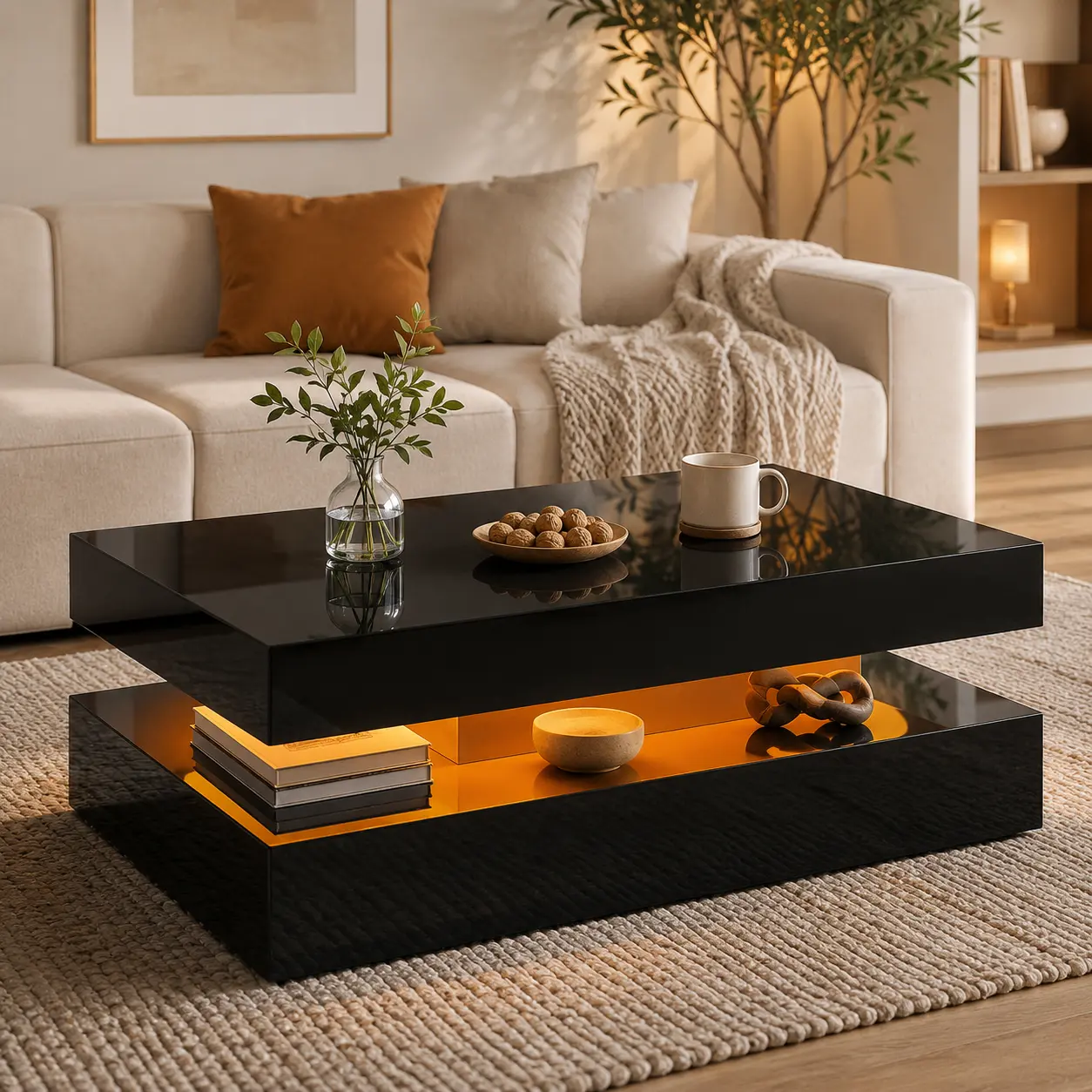 Coffee Table with LED Lights, Modern High-Gloss Finish Double-Layer Storage Center Table for Living Room, Minimalist Living Room Coffee Table