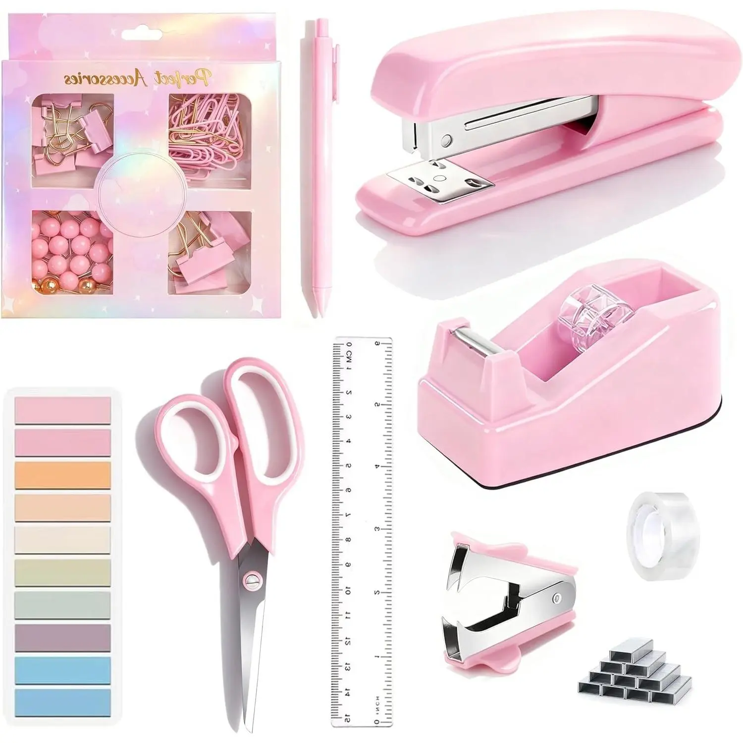 Pink Desk Accessories Set with Tape Dispenser, Stapler, Staple Remover, 1000 Staples, Tape, Clips, Ruler, Scissors, and PenGift