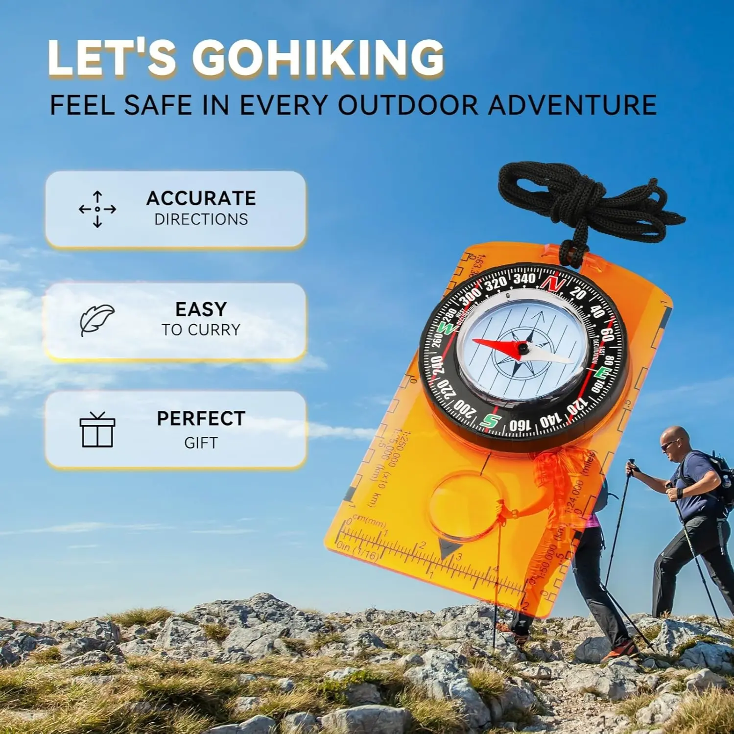 Waterproof Pocket Compass with Magnifier & Map Scales, Adjustable Declination Compass for Hiking, Camping & Route Positioning