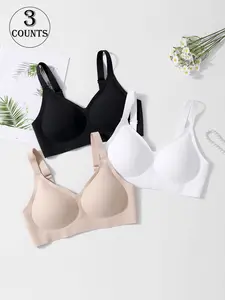 3Pack/12 colors High-quality women's seamless jelly underwear bra Four rows three hooks Push-up lifting adjustable removable chest pads sports vest Daily casualparty/yoga Comfortable breathable skin-friendly Women's wireless bra