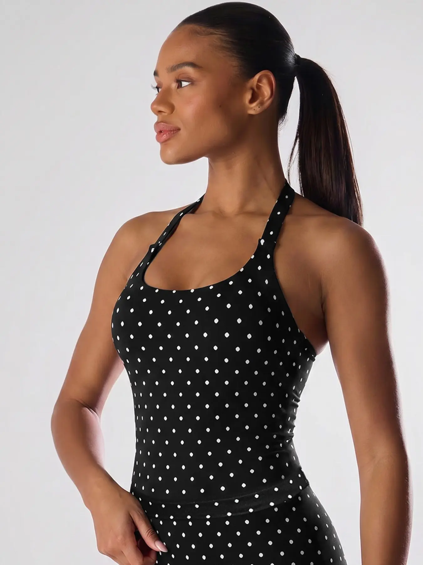 Comfortable Fashion Women's Sporty Tank Top, Athletic Tank Tops, Polka Dot Print, Wide Strap Halter Neck, Yoga Fitness Outdoor Running Shirt, Wearable Outerwear