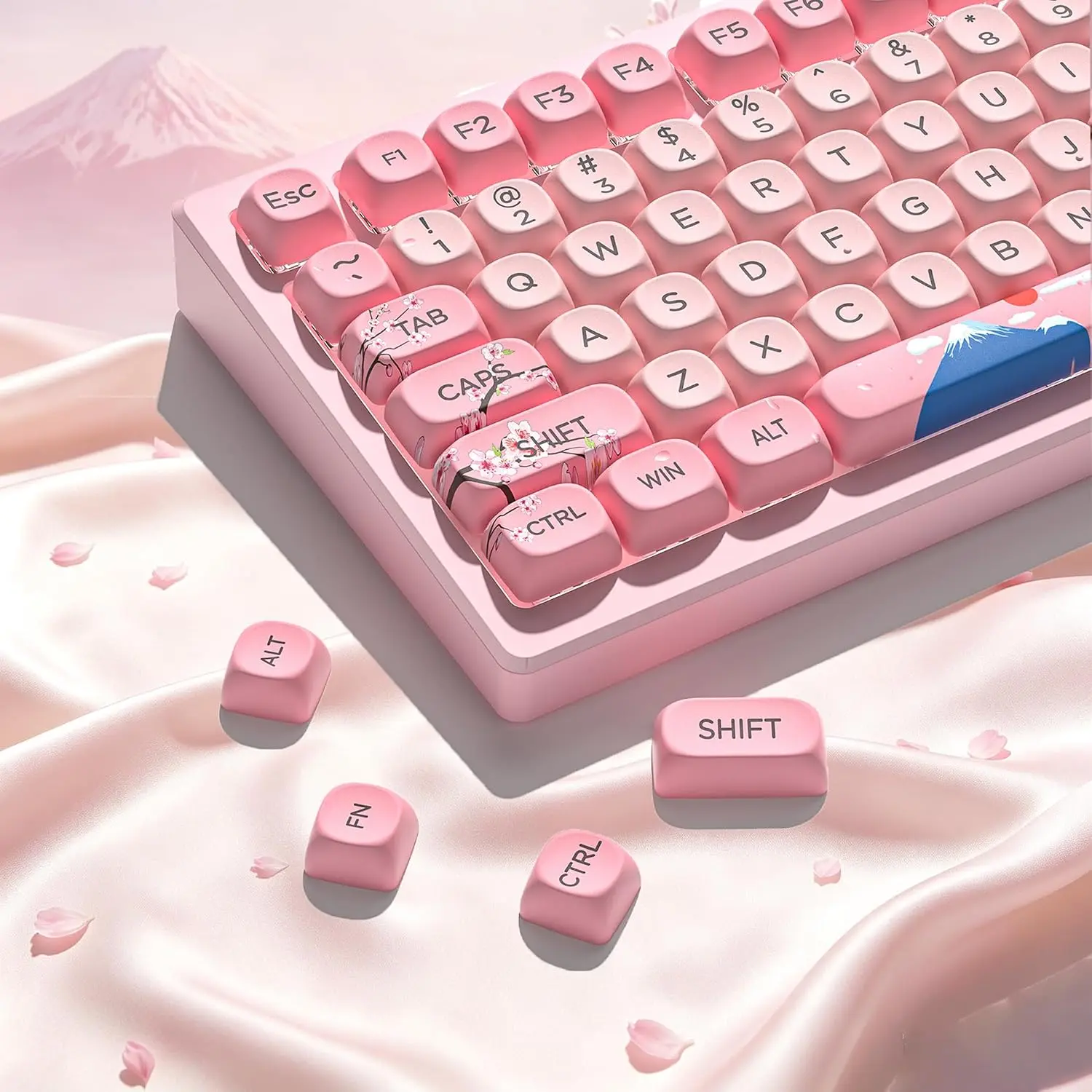 131 Cute  Keycaps MOA Cherry Blossom keycap Theme  Keycap Set for Mechanical Keyboard for 61/68/84/87/98/99/100/104/108 ,&White(Only Keycap Set)