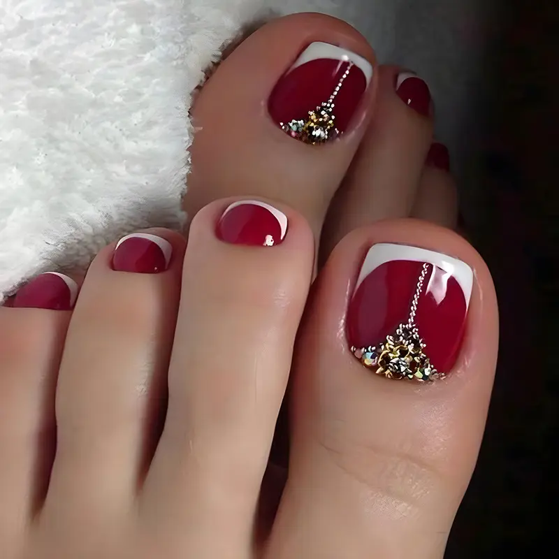 Burgundy French Rhinestone Toenails 24 Pieces High-End Elegant Whitening Toenails. Direct Supply for Foreign Trade Nail Art. Long Lasting Press-on Nails Reusable Fake Nails Square False Nails with Free Box