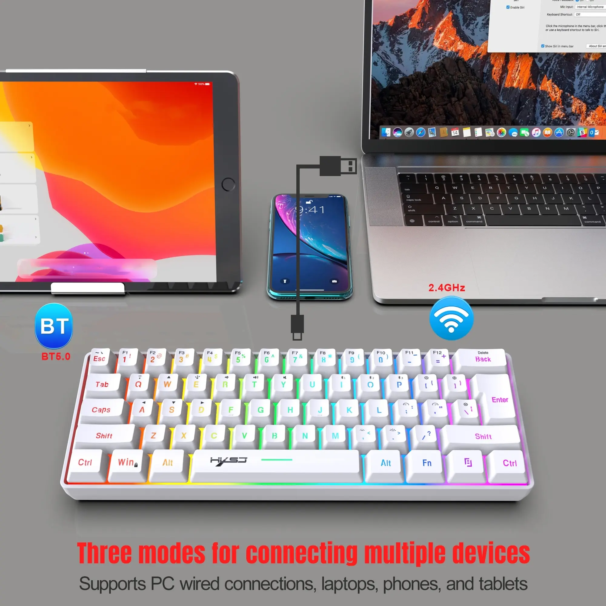 60% Wireless Gaming Keyboard, 61-key Triple Mode BT5.0/2.4G/USB-C Wireless Keyboard, RGB Backlit Ultra-compact Mini Keyboard for MAC Windows