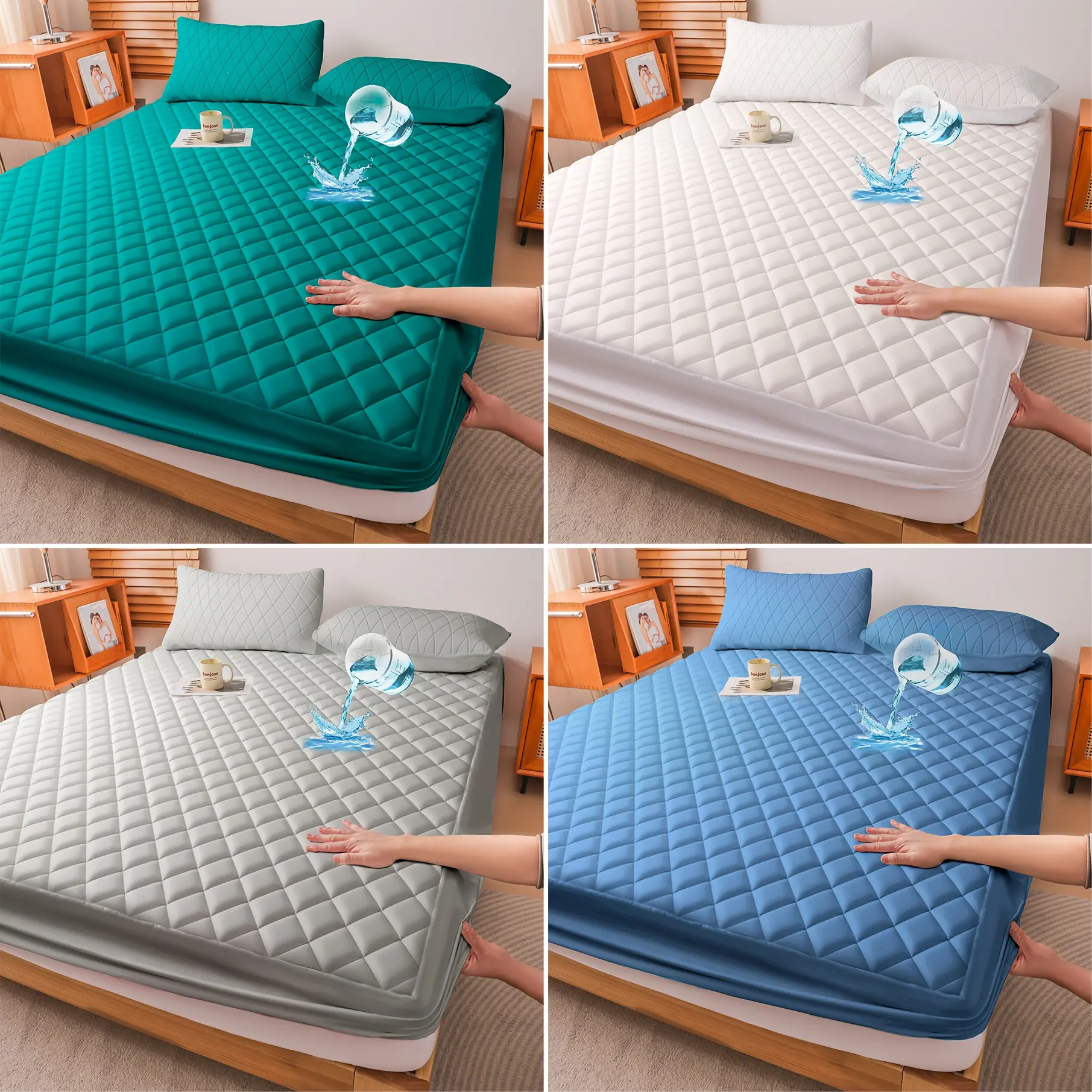 1pc Luxury Waterproof Mattress Protector, Diamond Quilted Deep Pocket with Side Storage Pocket, Breathable Cooling Soft Noiseless Bed Cover, Random Color, Fits Twin Full Queen King Sizes