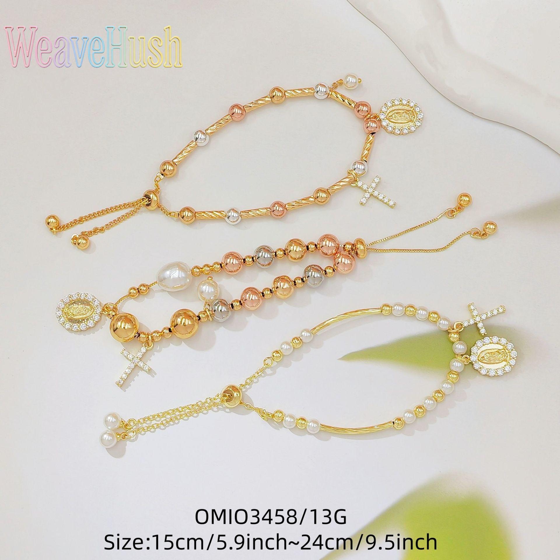 Hot-Selling Tricolor Gold Bead Virgin Mary Bracelet, Zircon Cross & Pearl Inlaid Religious Bracelet for Women, 18K Gold Plated Adjustable Catholic Faith Jewelry, Perfect for Daily Wear, Prayer, Church Occasions & Inspirational Religious Gifting