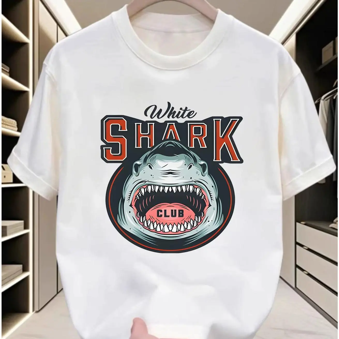 Graphic Oversized Comfort Cotton Outfit Cool White Shark Fashion T-Shirt, Shark Club Retro Cartoon Graphic Tee, Ideal Valentine's Day Gift For Him Her, Best Holiday Present For Family Friends Marine Animal Lovers Casual Short Sleeve Top