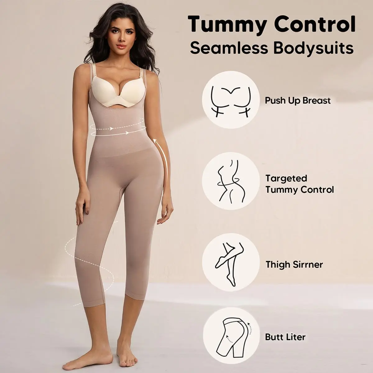 SUPRENX Seamless Open Bust Tummy Control Shapewear Bodysuit, 3-in-1 Butt Lift Jumpsuit with Adjustable Straps, Capri Length Body Shaper, Thigh Slimmer Smooth Under Outfits Postpartum Compression Curvy Womenswear Full Body Sculpting Shapewear