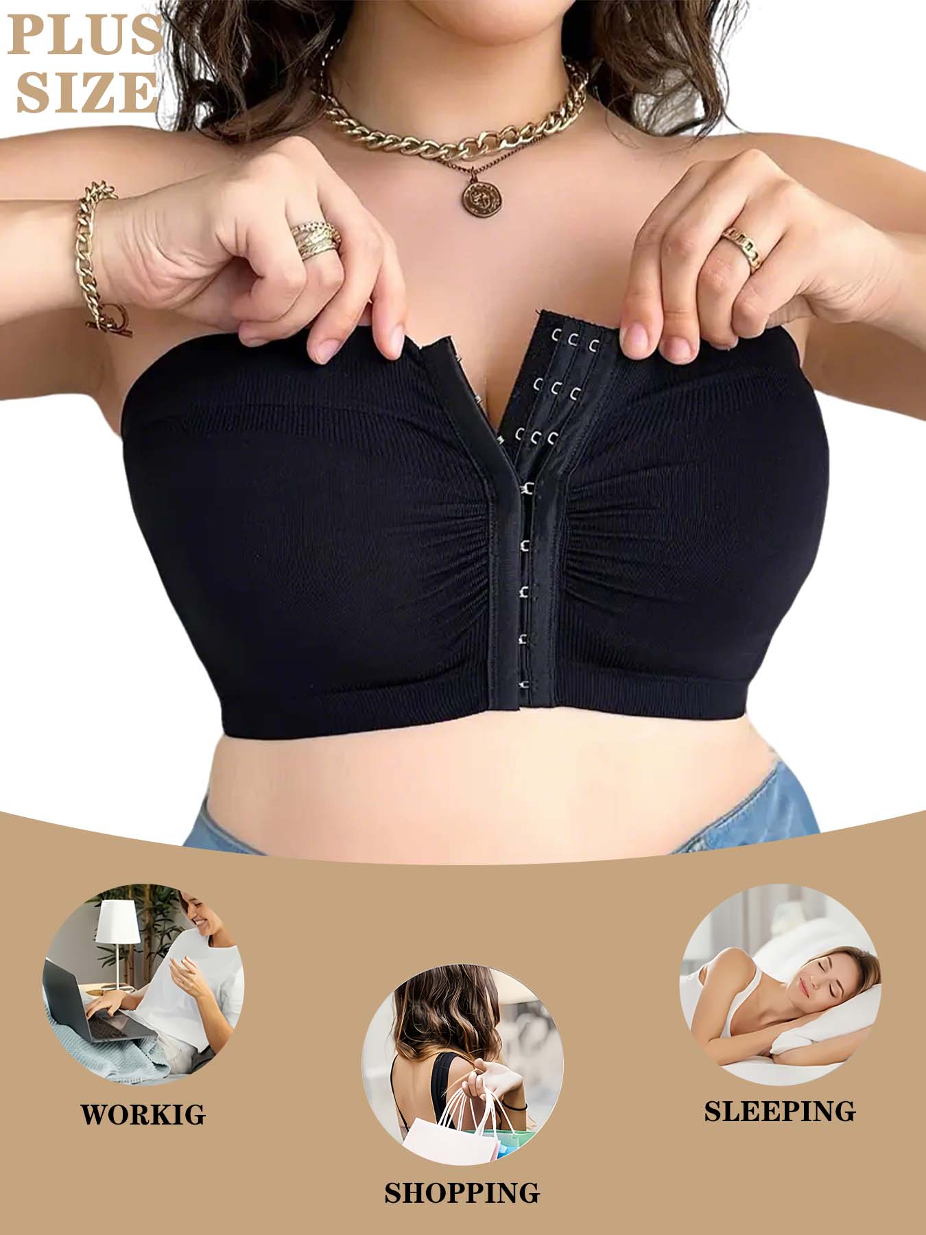 1/2/3/4/5PCS Plus Size Front Closure Wireless Bra, Comfortable Fit Breathable Underwireless Knit Bandeau Bra, Full Coverage Slimming Design Underwear